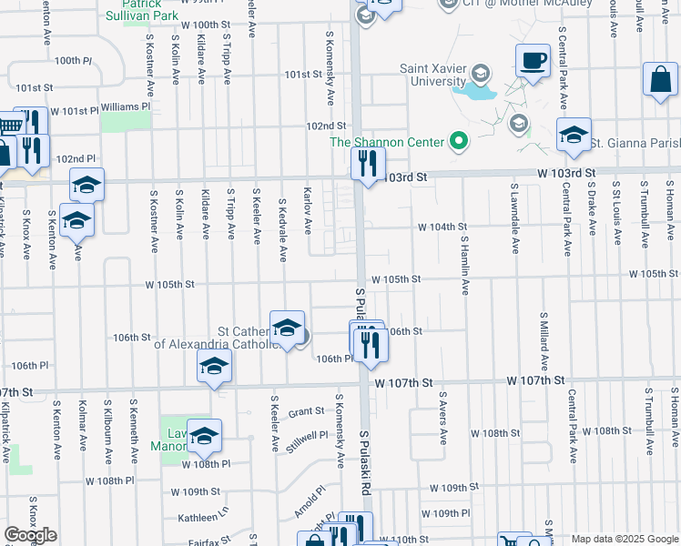 map of restaurants, bars, coffee shops, grocery stores, and more near 10425 Longwood Lane in Oak Lawn