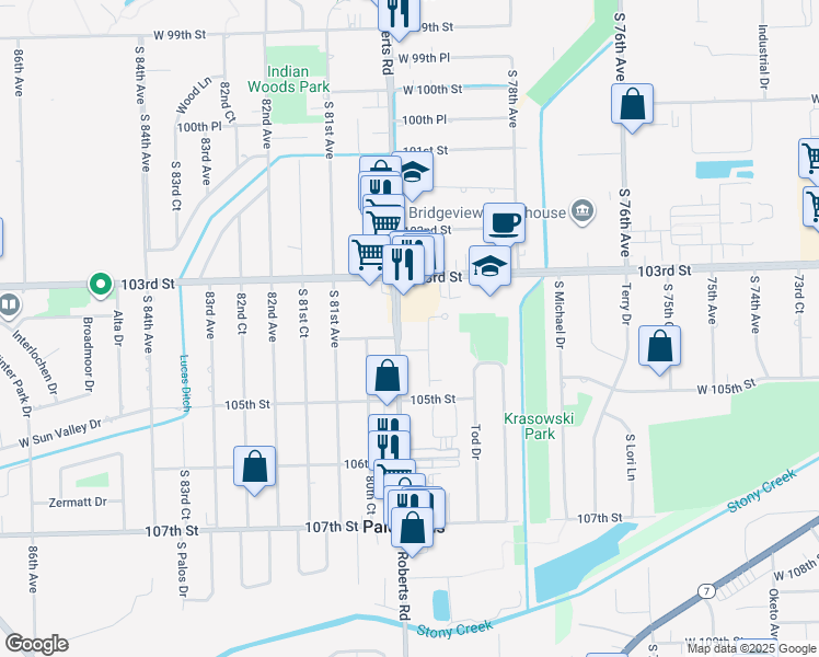 map of restaurants, bars, coffee shops, grocery stores, and more near 10330 South Roberts Road in Palos Hills