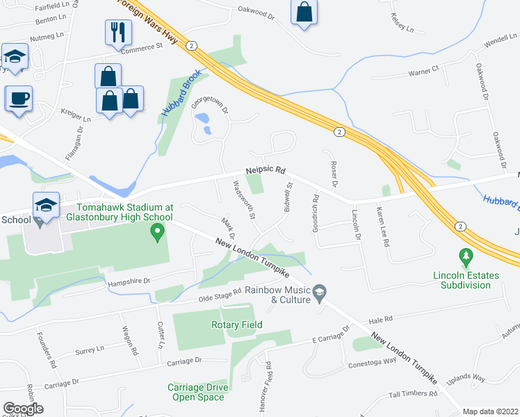 map of restaurants, bars, coffee shops, grocery stores, and more near 50 Wadsworth Street in Glastonbury