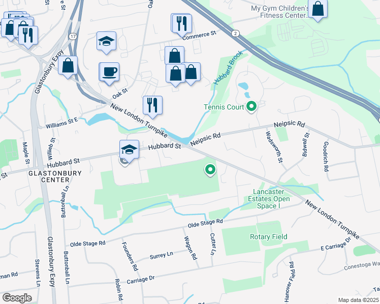 map of restaurants, bars, coffee shops, grocery stores, and more near 1056 New London Turnpike in Glastonbury