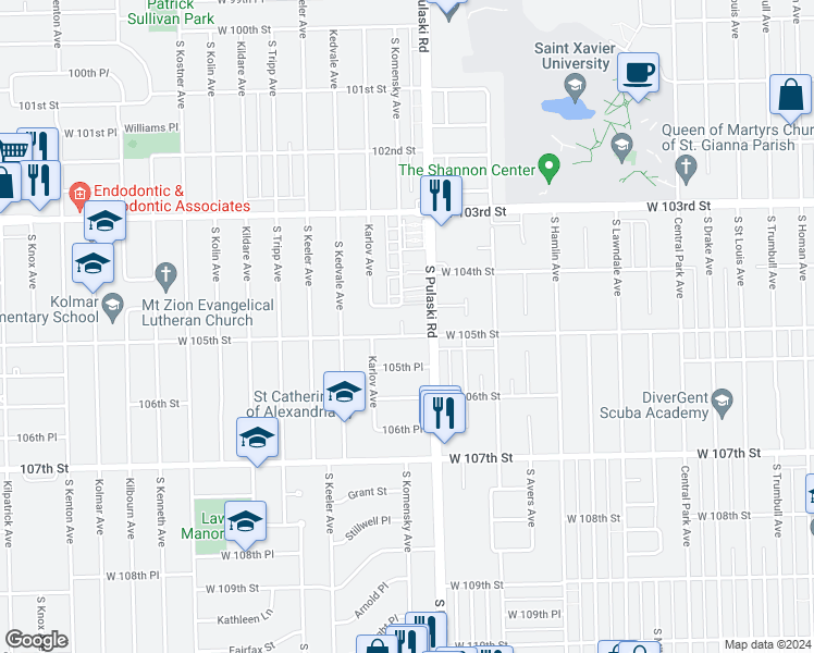 map of restaurants, bars, coffee shops, grocery stores, and more near 10427 Longwood Lane in Oak Lawn