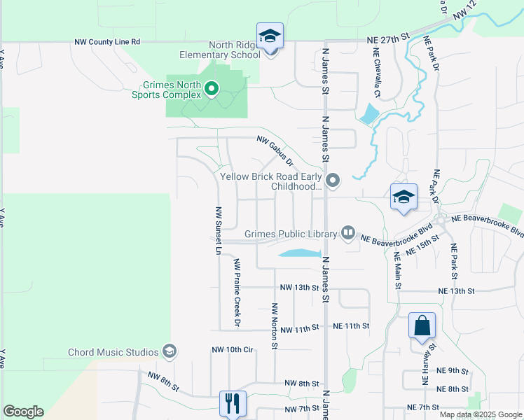map of restaurants, bars, coffee shops, grocery stores, and more near 1800 Northwest Norton Court in Grimes