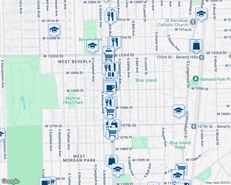 map of restaurants, bars, coffee shops, grocery stores, and more near 10433 South Western Avenue in Chicago