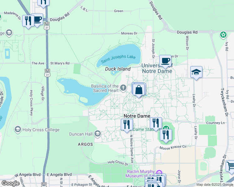 map of restaurants, bars, coffee shops, grocery stores, and more near in Notre Dame