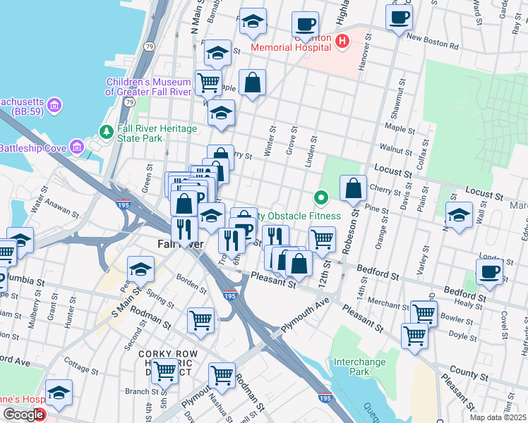 map of restaurants, bars, coffee shops, grocery stores, and more near 222 Franklin Street in Fall River