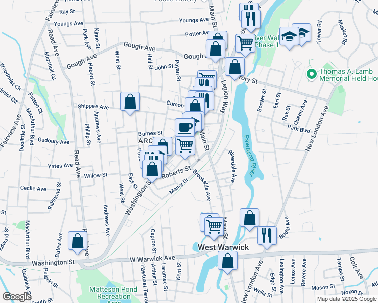 map of restaurants, bars, coffee shops, grocery stores, and more near 12 John Street in West Warwick