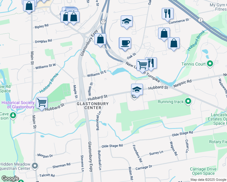 map of restaurants, bars, coffee shops, grocery stores, and more near 257 Hubbard Street in Glastonbury