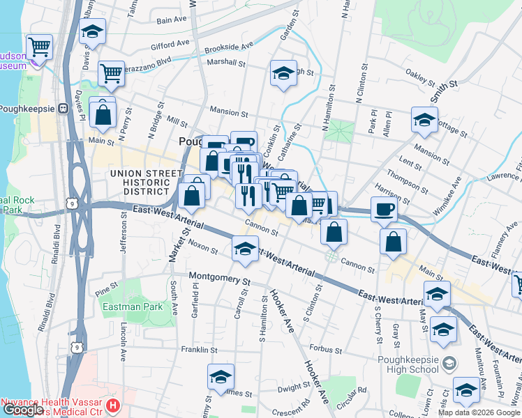 map of restaurants, bars, coffee shops, grocery stores, and more near 331 Main Mall in Poughkeepsie
