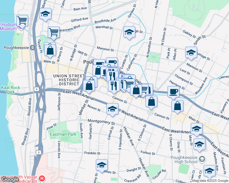 map of restaurants, bars, coffee shops, grocery stores, and more near 331 Main Mall in Poughkeepsie