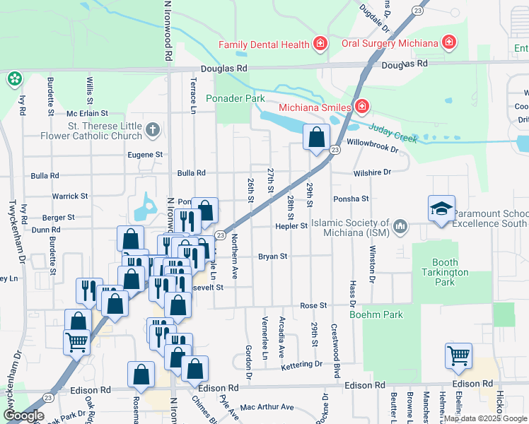 map of restaurants, bars, coffee shops, grocery stores, and more near 17763-17771 Indiana 23 in South Bend