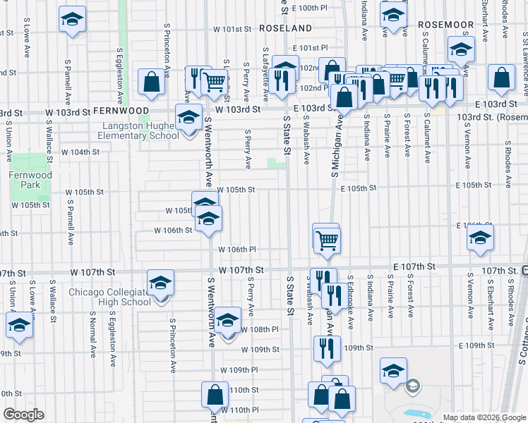 map of restaurants, bars, coffee shops, grocery stores, and more near 10515 South Perry Avenue in Chicago