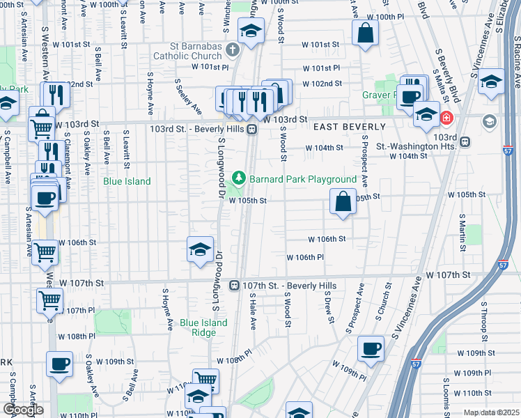 map of restaurants, bars, coffee shops, grocery stores, and more near 1844 West 105th Street in Chicago