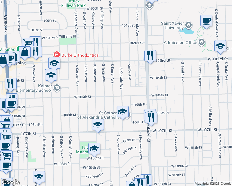 map of restaurants, bars, coffee shops, grocery stores, and more near 10423 Kedvale Avenue in Oak Lawn