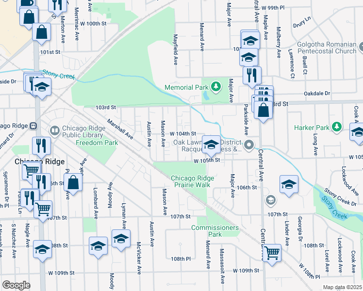 map of restaurants, bars, coffee shops, grocery stores, and more near 10401 Mayfield Avenue in Oak Lawn