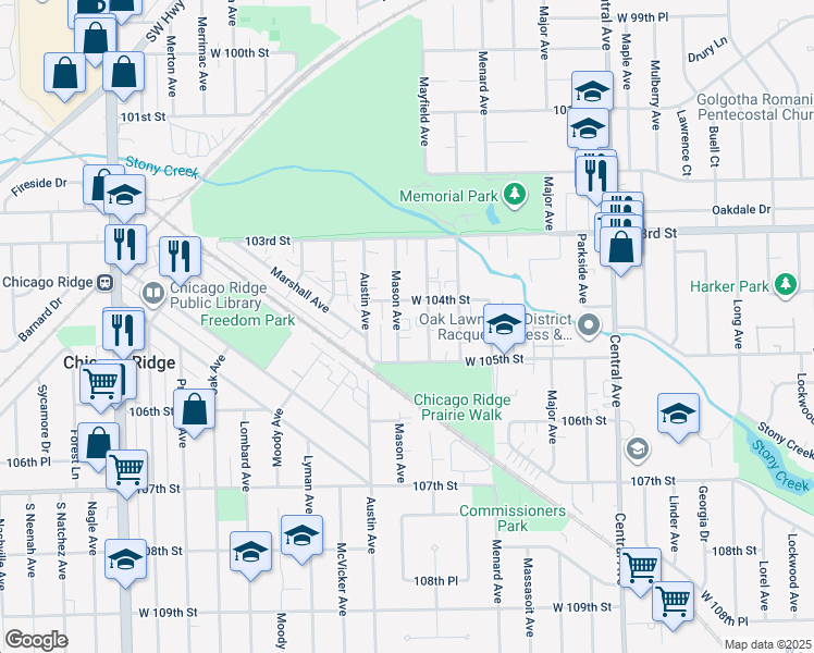 map of restaurants, bars, coffee shops, grocery stores, and more near 10401 Mason Avenue in Oak Lawn