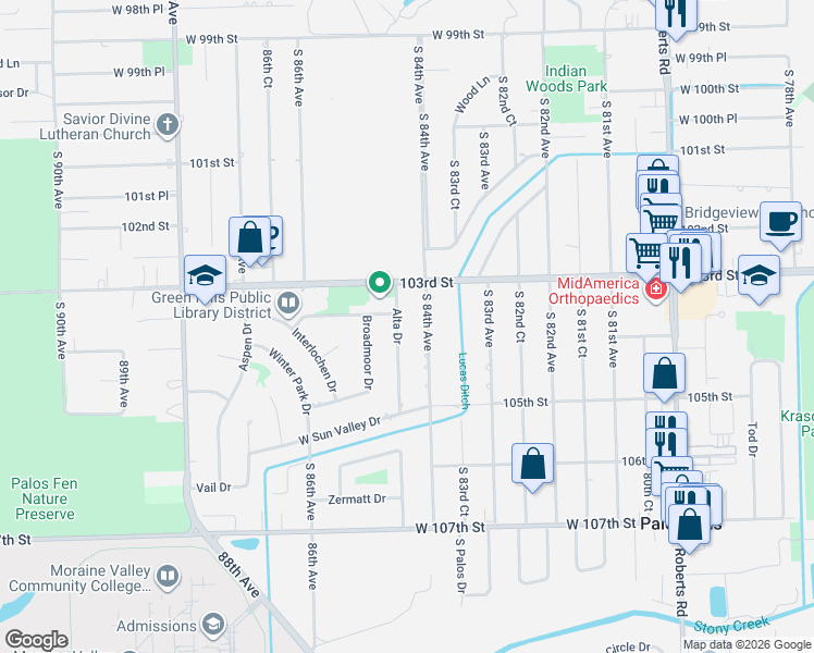 map of restaurants, bars, coffee shops, grocery stores, and more near 10327 Alta Drive in Palos Hills