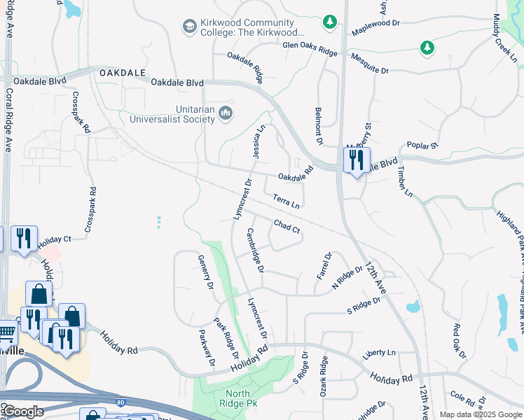 map of restaurants, bars, coffee shops, grocery stores, and more near 2155 Chad Drive in Coralville