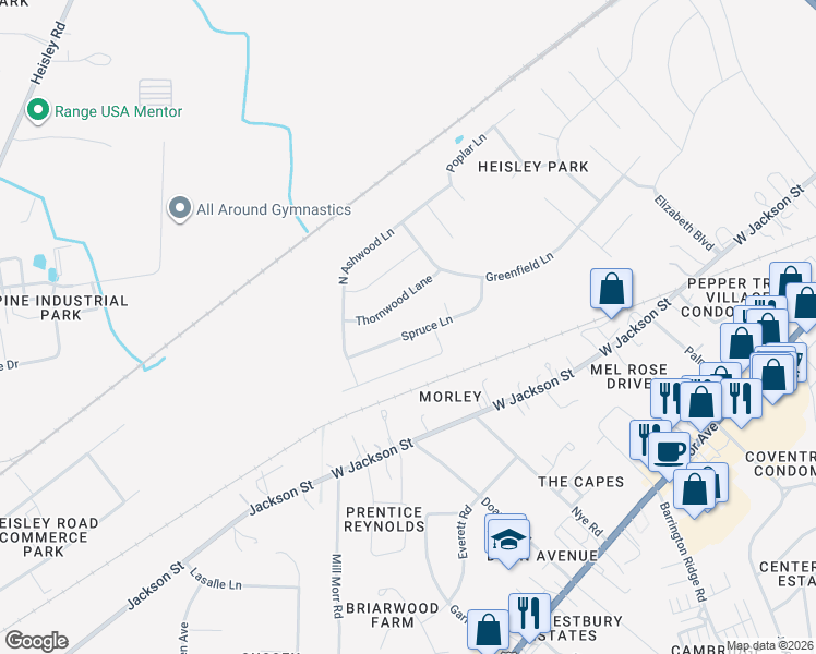 map of restaurants, bars, coffee shops, grocery stores, and more near 1925 Spruce Lane in Painesville