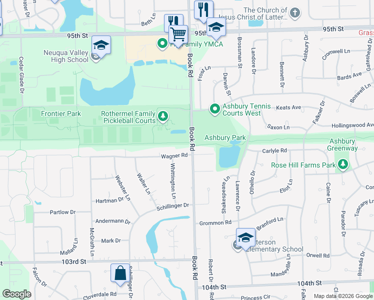 map of restaurants, bars, coffee shops, grocery stores, and more near 29W012 Wagner Road in Naperville