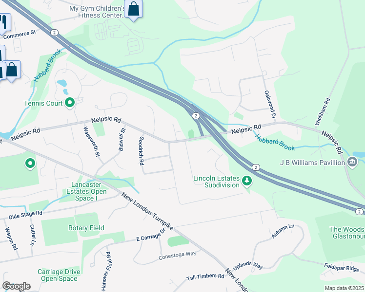 map of restaurants, bars, coffee shops, grocery stores, and more near 343 Neipsic Road in Glastonbury