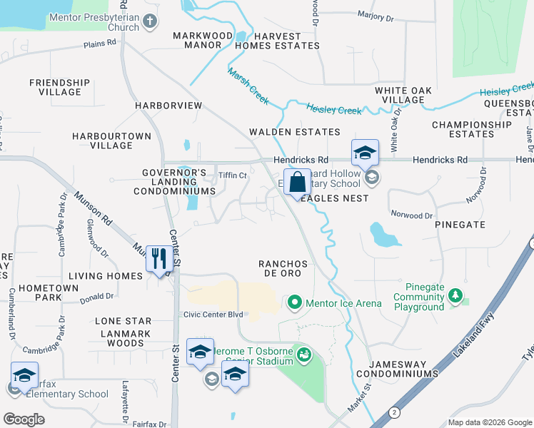 map of restaurants, bars, coffee shops, grocery stores, and more near 6122 Cabot Court in Mentor