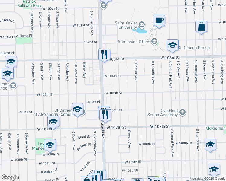 map of restaurants, bars, coffee shops, grocery stores, and more near 10436 South Springfield Avenue in Chicago