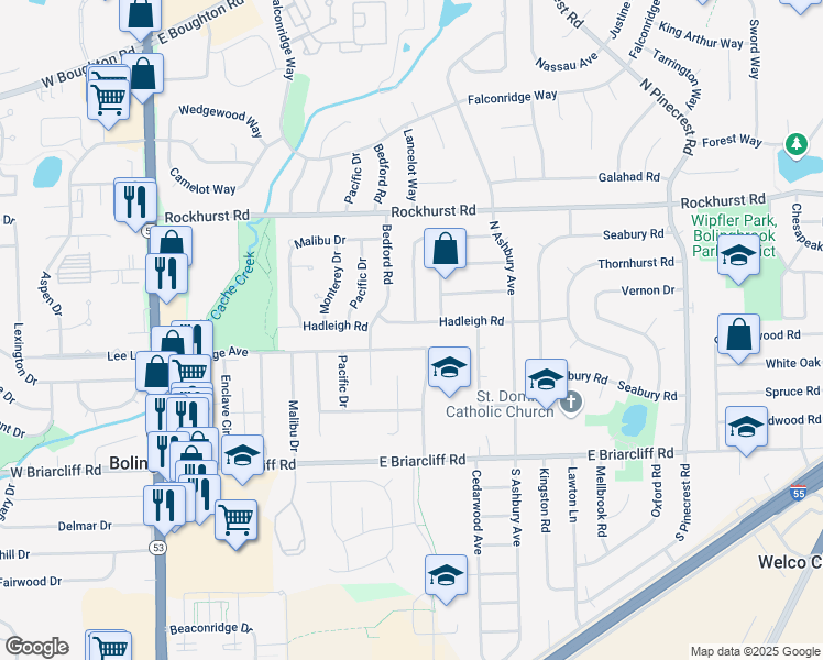 map of restaurants, bars, coffee shops, grocery stores, and more near 237 Hadleigh Road in Bolingbrook