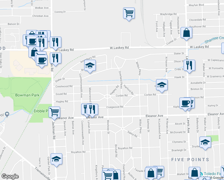 map of restaurants, bars, coffee shops, grocery stores, and more near 1442 Hagley Road in Toledo