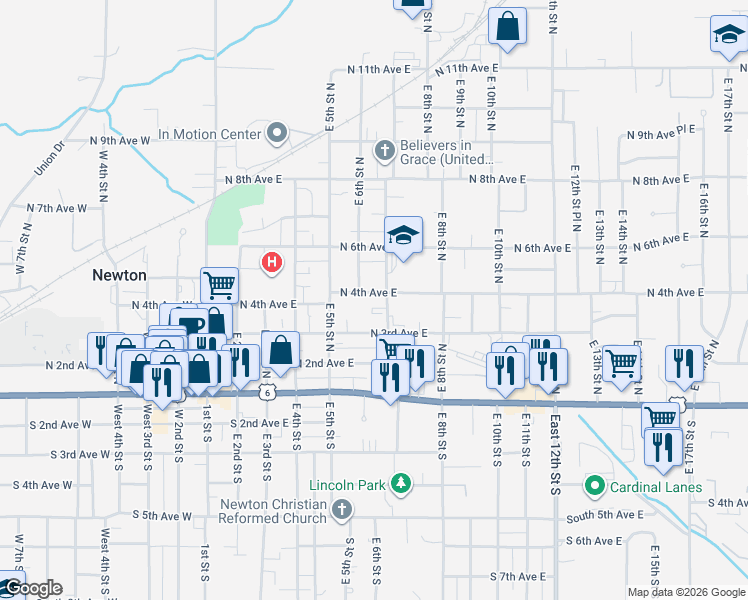map of restaurants, bars, coffee shops, grocery stores, and more near 401 East 7th Street South in Newton