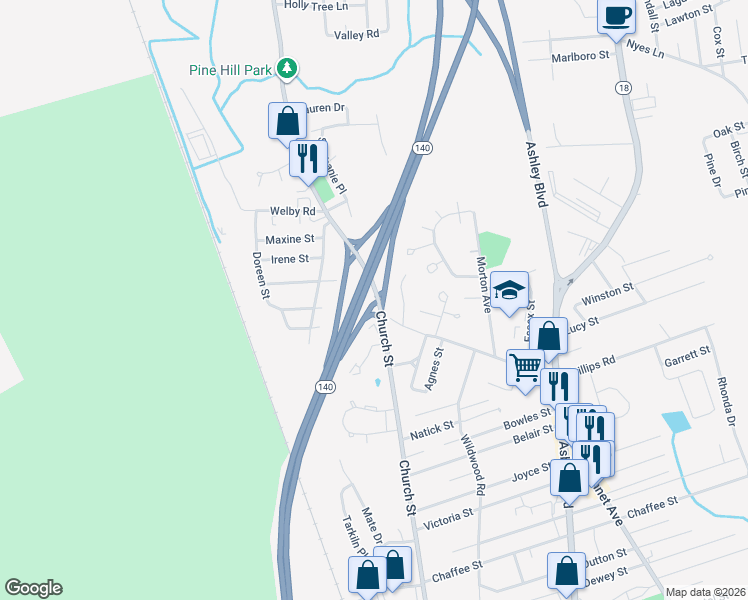 map of restaurants, bars, coffee shops, grocery stores, and more near 1261 Church Street in New Bedford