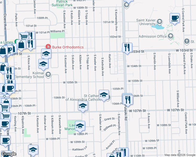 map of restaurants, bars, coffee shops, grocery stores, and more near 10423 Kedvale Avenue in Oak Lawn