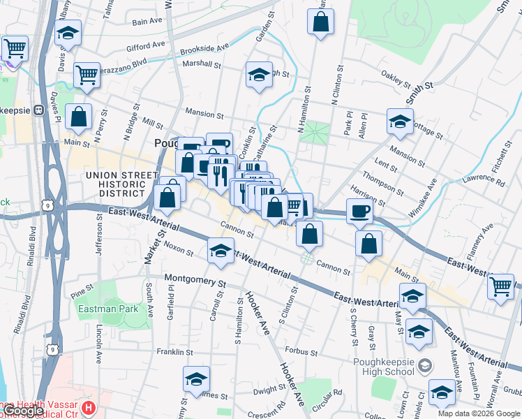 map of restaurants, bars, coffee shops, grocery stores, and more near 8 Crannell Street in Poughkeepsie