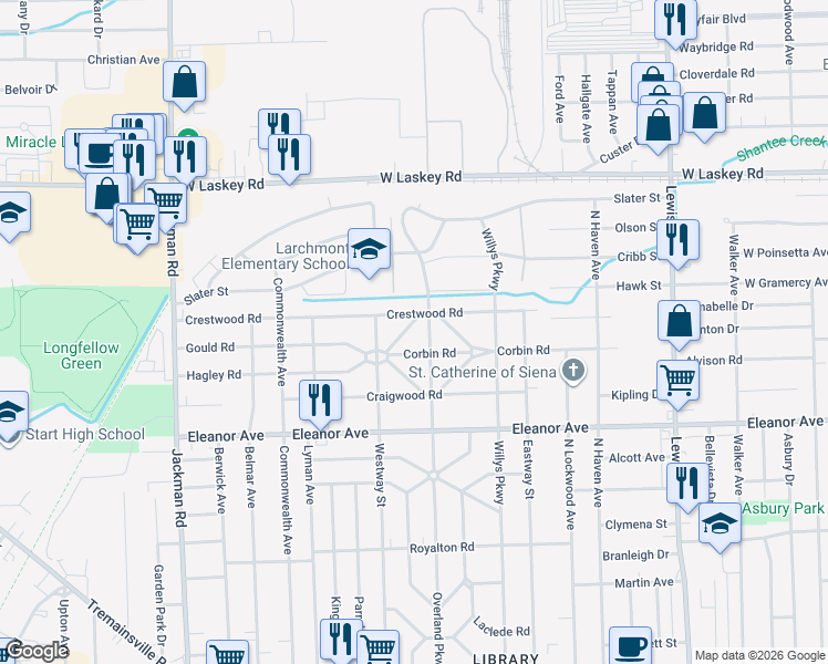 map of restaurants, bars, coffee shops, grocery stores, and more near 4625 Overland Parkway in Toledo