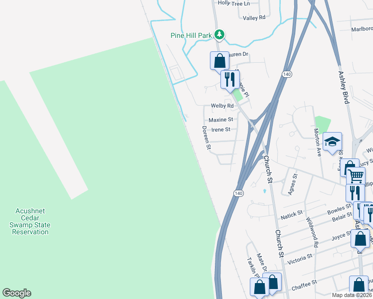 map of restaurants, bars, coffee shops, grocery stores, and more near 171-179 Doreen Street in New Bedford