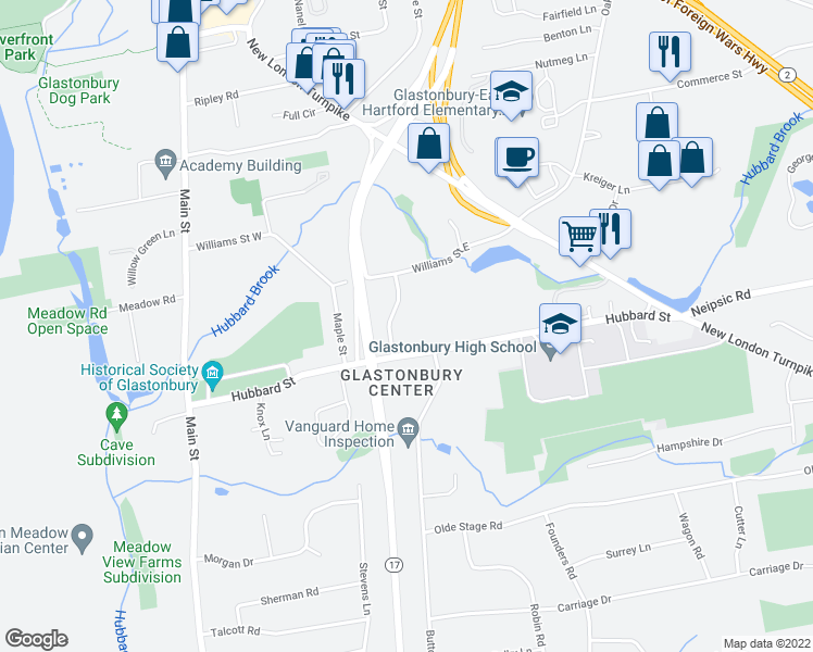 map of restaurants, bars, coffee shops, grocery stores, and more near 37 Willieb Street in Glastonbury