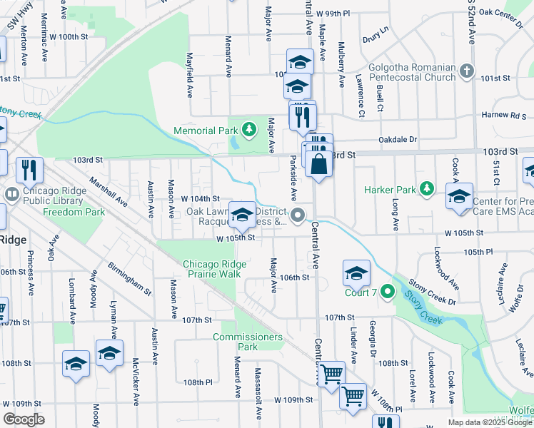 map of restaurants, bars, coffee shops, grocery stores, and more near 5649 Edge Lake Drive in Oak Lawn
