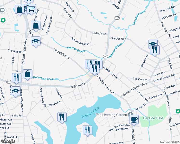 map of restaurants, bars, coffee shops, grocery stores, and more near 2912 Warwick Avenue in Warwick
