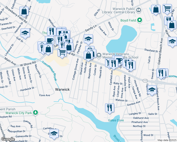 map of restaurants, bars, coffee shops, grocery stores, and more near 47 Reynolds Avenue in Warwick