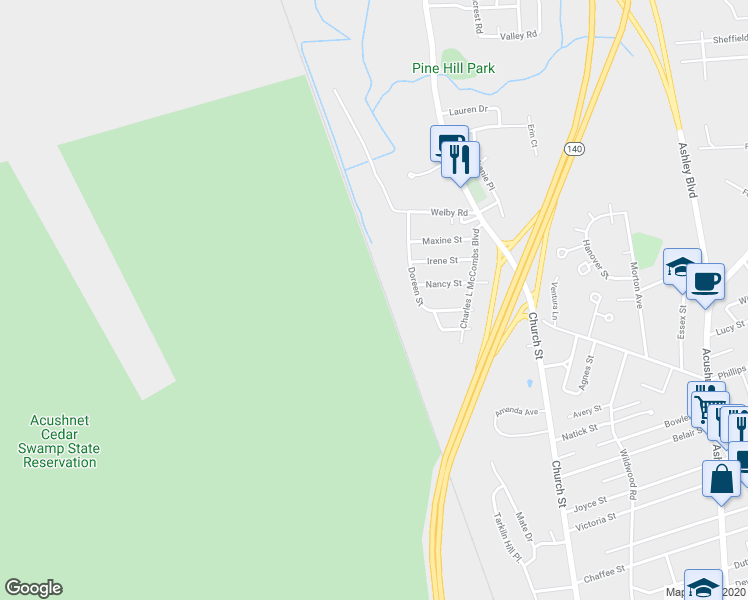 map of restaurants, bars, coffee shops, grocery stores, and more near 171-179 Doreen Street in New Bedford