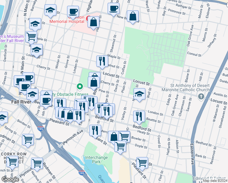 map of restaurants, bars, coffee shops, grocery stores, and more near 246 Davis Street in Fall River