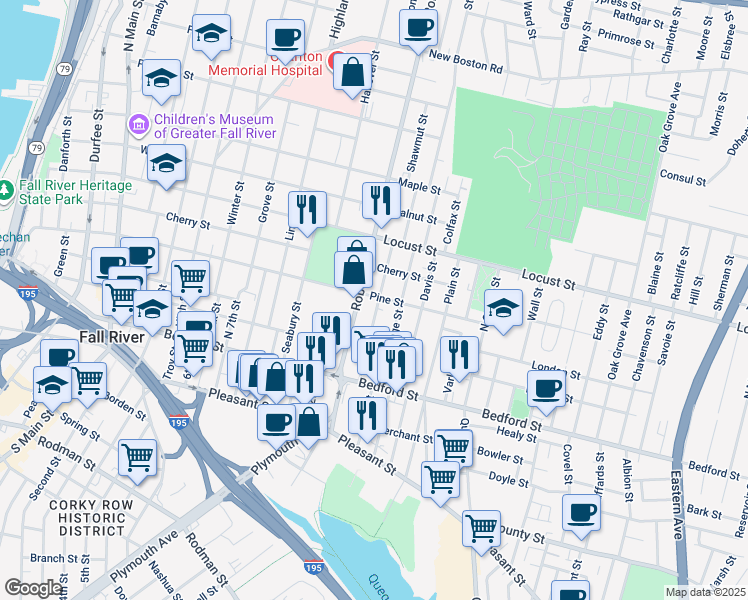 map of restaurants, bars, coffee shops, grocery stores, and more near 235 Tremont Street in Fall River