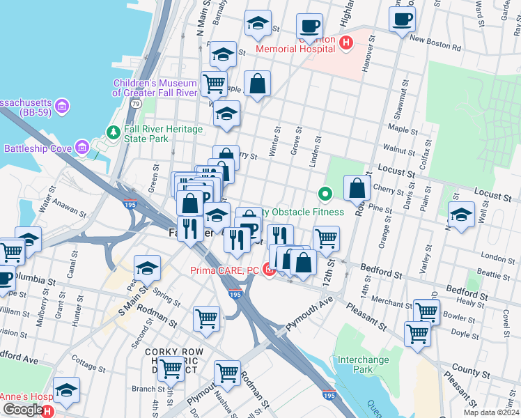 map of restaurants, bars, coffee shops, grocery stores, and more near 222 Franklin Street in Fall River