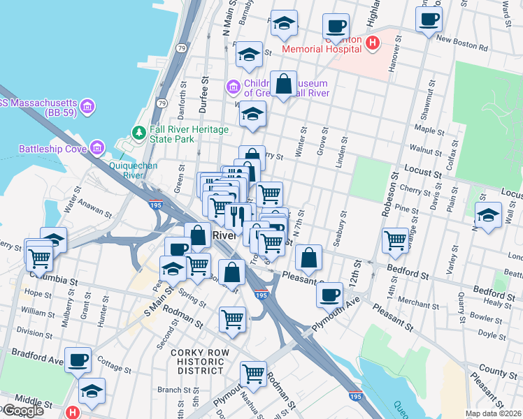 map of restaurants, bars, coffee shops, grocery stores, and more near 149 Franklin Street in Fall River