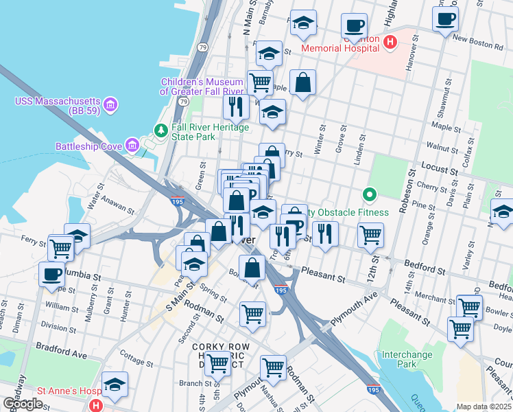 map of restaurants, bars, coffee shops, grocery stores, and more near 91 Purchase Street in Fall River