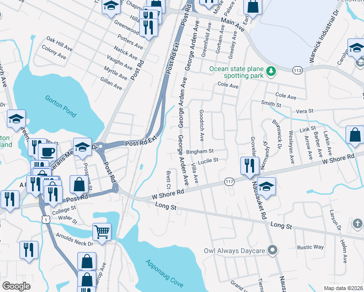 map of restaurants, bars, coffee shops, grocery stores, and more near in Warwick