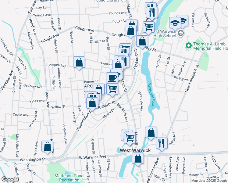 map of restaurants, bars, coffee shops, grocery stores, and more near 87 Washington Street in West Warwick
