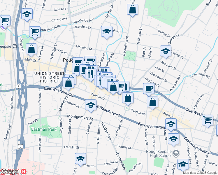map of restaurants, bars, coffee shops, grocery stores, and more near 8 Crannell Street in Poughkeepsie