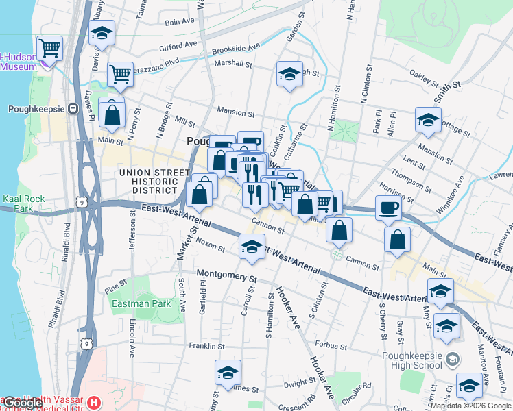 map of restaurants, bars, coffee shops, grocery stores, and more near 331 Main Mall in Poughkeepsie