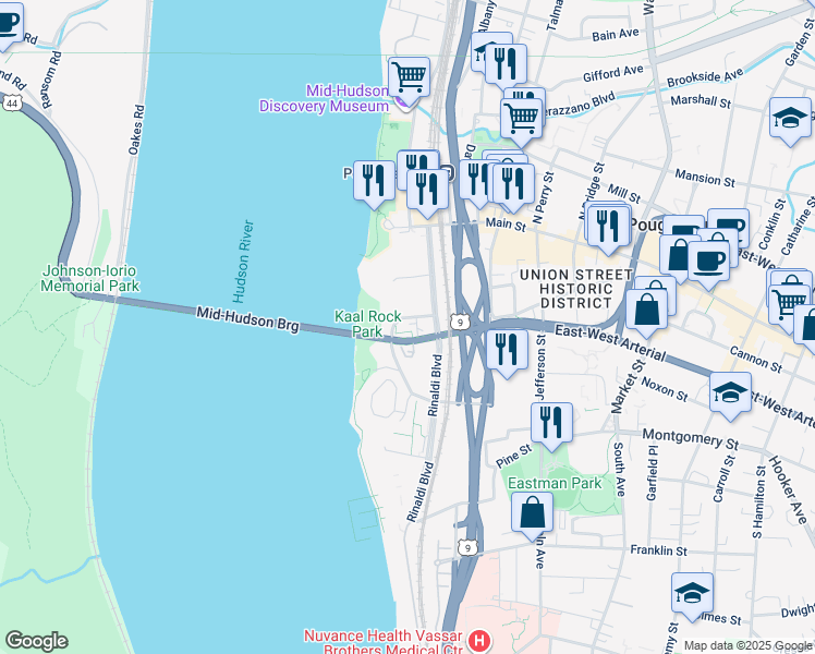 map of restaurants, bars, coffee shops, grocery stores, and more near 21 Gerald Drive in Poughkeepsie