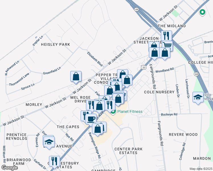 map of restaurants, bars, coffee shops, grocery stores, and more near 201 Peppertree Lane in Painesville